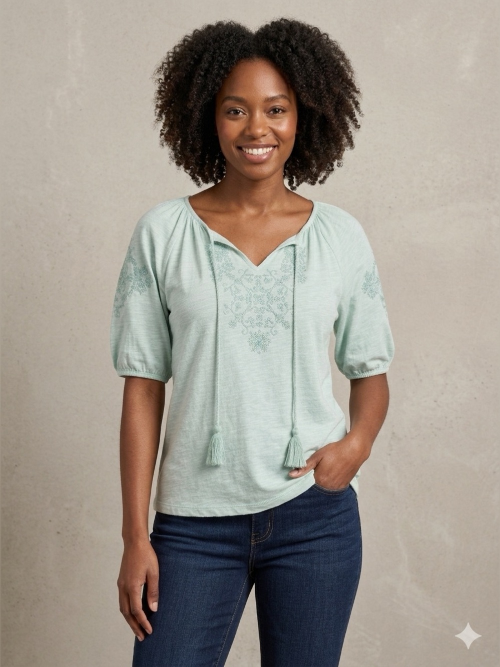 Embroidered Peasant Top in Soft Green with Puff Sleeves Boho